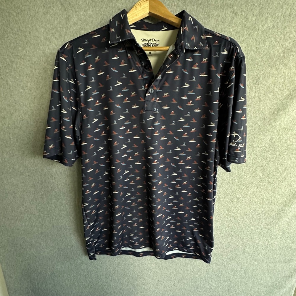 Straight Down Mens Performance Golf Polo Navy Blue Surfing Dogs Print Size M